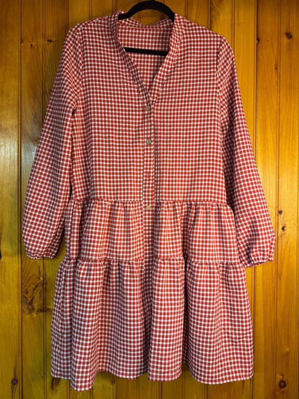 Kohl's Red and White Gingham Tiered Button-Front Midi Dress